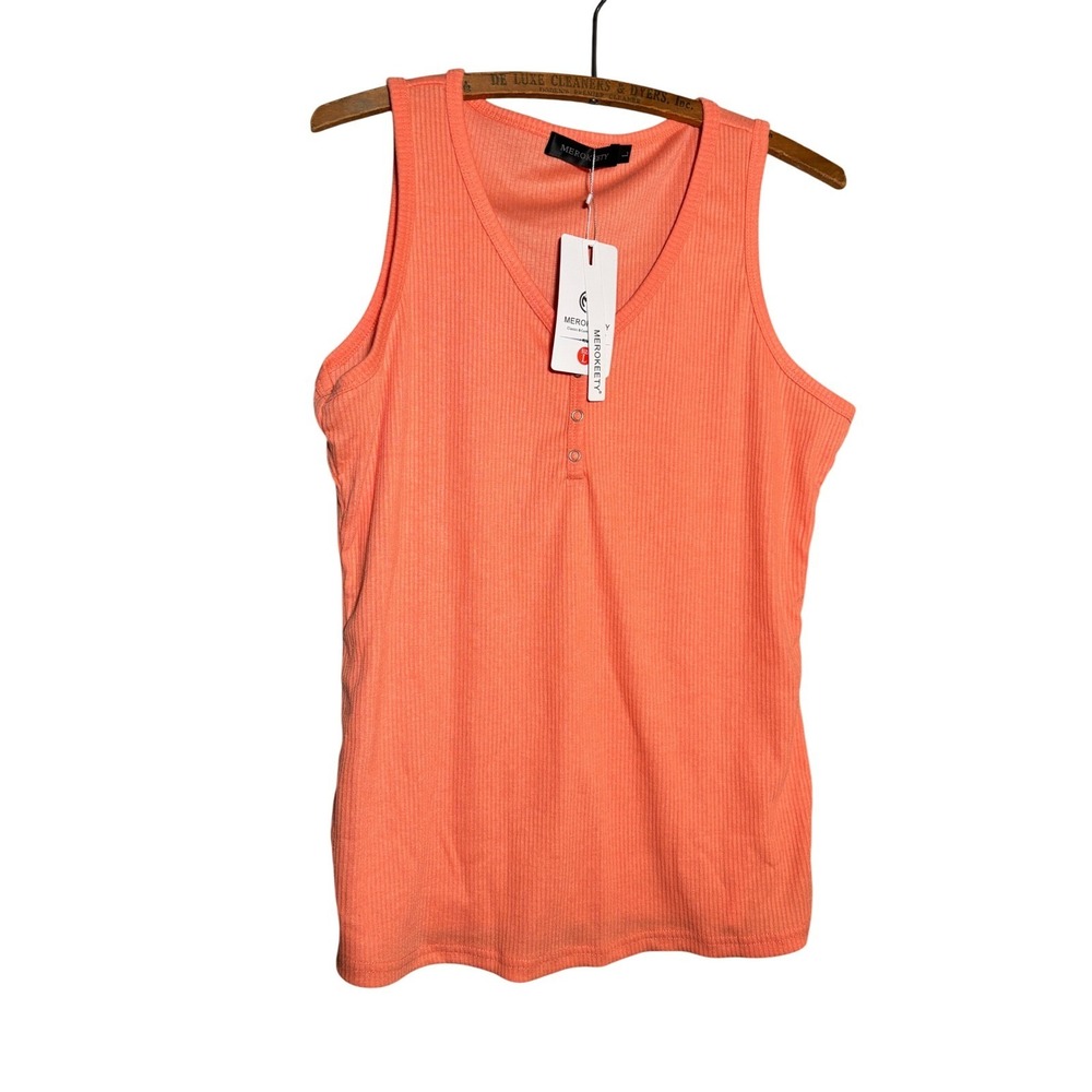 NWT Merokeety Womens Ribbed Henley Tank Top Coral Orange V-Neck Snap Button L